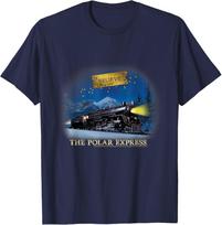 Kalėdinis marškinėlis su „Polar Express“ traukinio, bilieto ir logotipo dizainu L blue