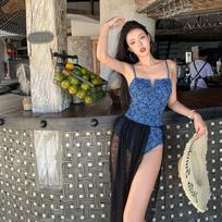 Swimsuit Women's Belly Cover Slimming Hot One-piece Bikini Sexy Pure Desire Suspender Long Dress Two-piece Swimming Suit M mėlyna