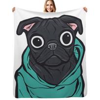 Black Pug Hoodie Throw Blanket Stylish Warm Blanket for Living Room Bedroom Size: 75*100cm, Weight: 230 GSM