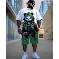 Large Size Men's Panda Cartoon Short-sleeved T-shirt + Shorts Two-piece Set L