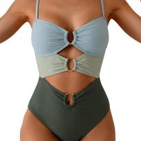 Monokini su lankeliais Push-Up vienos dalies bikini komplektas su metalinėmis sagtimis, tuščiavidurio dizaino, seksualus, su dirželiais, V formos iškirpte, atvira nugara maudymosi kostiumas S žalia