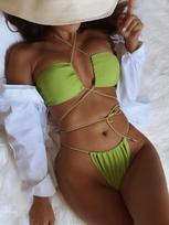 Moteriškas bikinis vientisos spalvos seksualus moteriškas dviejų dalių maudymosi kostiumėlis trikampio formos maudymosi kostiumėlis S žalia