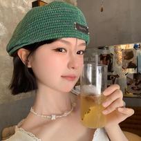 Japanese Style Hollowed Out Beret Hat Breathable Crochet Knitted Cap Brimless Cap Weave Hat  Spring žalia