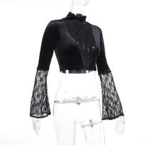 „Emo Alt“ aksominiai marškinėliai „Vintage Mall“ – „Gothic Lace Patchwork“ „Flere Sleeve Crop Tee Tops“ „Koquette“ elegantiški moteriški drabužiai S juoda