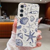 Samsung S25 S24 FE S23 Ultra S22 A56 A16 A36 A55 A15 A35 dėklas, kriauklės, jūrų žvaigždės rašto, TPU odos tekstūros, minkštas, smūgiams atsparus, plonas, matinis telefono dangtelis Samsung A55 5G