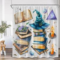 Retro Magic Shower Curtain Wizard Hat Witch Magic Room Library Book Bookshelf Retro Polyester Shower Curtain Fabric W90XH180cm gray
