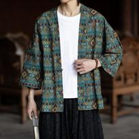 Mens Ethnic Print Kimono Style Open Front Jacket M žalia