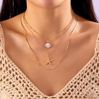 Bohemia Mulitlayer Ocean Series Necklace For Women Starfish Shell Pearl Conch Flower Fish Tail Metal Choker Beach Party Zircon