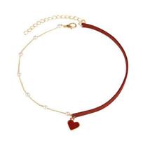 Pendant Necklace Personality Asymmetric Beads Geometric Temperament Red Love Heart Faux Pearl Choker Necklace Jewelry Accessory auksinė