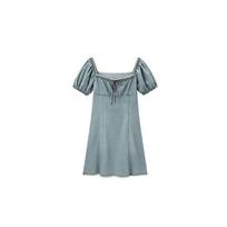 Leting Square Neck Puff Sleeve Raw Hem Denim Dress L