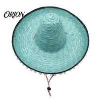 Summer Beach Hat Mexican Sombrero with Colorful Poms, Hawaiian Style Woven Straw Sun Hat, Wide Brim Lightweight Unisex Party Costume for Travel dangaus mėlyna spalva