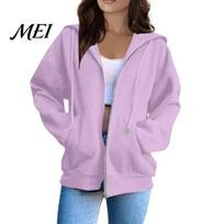 Relaxed Fit Casual Hoodie Women Zip-Up Hoodies, Long Sleeve Sweatshirt with Pockets, Fall Winter Solid Color Drawstring Hooded Coat S šviesiai violetinė spalva