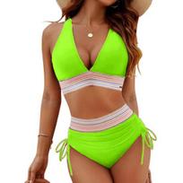 2Pcs/Set Women Bikini Set Color Block V Neck Bra with High Waisted Swimming S žalia