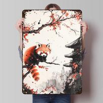 Red Panda in Cherry Blossom Tree Printed Posters Customizable Wall Art Retro Vintage Metal Tin Signs for Home Room Desk Decor 20X30CM