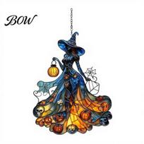 Halloween Party Supplies for Home Witch Acrylic Suncatcher, Stained Glass Effect Window Car Hanging Ornament, Gothic Scary Spooky Decor Ornaments with A