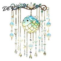 Stained Glass Style Suncatcher Ocean-Themed Crystal Wind Chime, Acrylic Jellyfish Seahorse Pufferfish Hanging Ocean Theme Chimes with Prism 20cm B