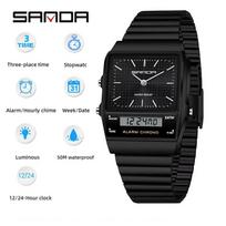 Thin Square Digital Analog Watches Slim Case Waterproof Steel Band Multi Function Retro Wrist Watch Unisex Full Black juoda
