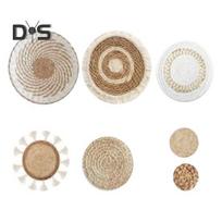 7 vnt./rinkinys Boho sieninė pintinė dekoracija Rankų darbo pintas apvalus plokščias sieninis kabinamas dekoras Bohemiškas dekoratyvinis kaimiškas rotango jūrinių dumblių vytelių sienos menas B