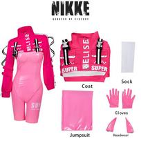 NIKKE pergalės deivė Alice Cosplay kostiumas, rožinis baikeriškas švarkas ir kombinezonas, skirtas anime gerbėjams ir Helovino vakarėliams XS red