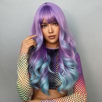 Šviesiaplaukis vienaragio sintetinis ilgas banguotas perukas Ombre nuo violetinio iki mėlyno moterims Cosplay Helovino perukai Karščiui atsparus pluoštas Kirpčiukai Plaukai