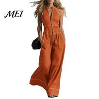 Elastic Jumpsuit Women's Sleeveless Jumpsuit, Zip Up Stand Collar Wide Leg Solid Color Pants Rompers, Casual Summer One Piece Outfits with Pockets S oranžinė