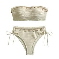 2 vnt./rinkinys Moteriškas bikini komplektas, Seksualus vienspalvis vamzdelio tipo maudymosi kostiumas su krūtinės pagalvėlėmis, be metalinių lankelių, aukšto juosmens paplūdimio drabužiai su kriauklių dekoru S smėlis