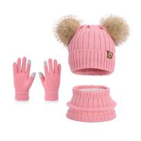 3Pcs/ Set Fleece Lined Children's Beanie Cap Pompom Knitted Hats  Outdoor Cold Protection arbūzo raudonos spalvos
