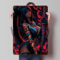 Anime Warrior Woman With Katana Printed Poster Customized Wall Art Retro Vintage Metal Tin Signs for Room Coffee Bar Accessories 20X30CM