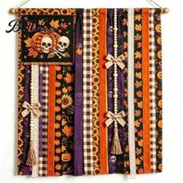 Halloween Living Room Decor Rag Banner, Orange Black Skull Ghost Pumpkin Hanging Decoration, Rustic Bedroom Holiday Atmosphere Fabric Stripe Skull