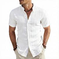 Men Stand Collar Short Sleeve Breathable Casual Loose Wrinkled Fabric Shirt S balta