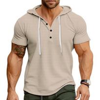 Men Top Hooded Drawstring Solid Short Sleeves Texture Pullover Waffle Color Slim Fit Casual Daily Wear Mid Length M chaki