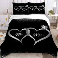 Mr & Mrs Double Heart Diamond Ring Printed Bedding Set Gift, Romantic Wedding Theme Duvet Cover and Pillowcases for Single/Double/King/King Beds Baby 100x135cm