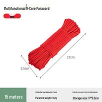 9-Core Outdoor Nylon Paracord 15M Survival Rope for Camping & Tarp, 4mm Thick raudona