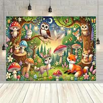 2D Cartoon Woodland Animals Backdrop Kids Birthday Party Banner 47.2x31.5inch/120*80cm