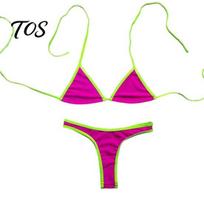 High-cut Thong Bikini Women Triangle Set, Halter Tie Top & High Cut Thong, Summer Two Contrast Color Bathing Suit Piece Swimsuit, Sexy for Beach Pool M rožinė raudona spalva
