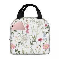 Watercolor Floral Delphinium Chamomile Poppy Lunch Bag Portable Insulated Cooler Bags Thermal School Lunch Box for Women Kids One Size