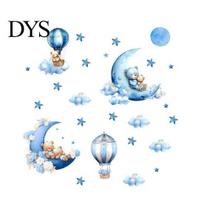 Peel And Stick Nursery Mural 2Pcs Starry Sky Bear Wall Stickers, Cartoon Moon Hot Air Balloon Decals, Home Decor for Kids Bedroom Blue Art Decors Baby A