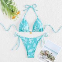 Triangle Cup Printed Back Tie Sexy Split Bikini Swimsuit for Women S šviesiai mėlyna spalva