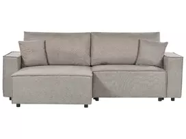 Išskleidžiama kampinė sofa KARILA, 3 vietų, smėlio spalvos, su patalynės dėže, dešininė