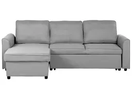 Išskleidžiama kampinė sofa NESNA, šviesiai pilka, su patalynės dėže, dešininė