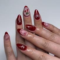 24PCS Almond Sweet Bow Press on Fake Nails Full Cover Wine Red Cherry French with Pearl False Nails for Women Wearable Manicure