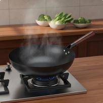 Hand Hammered Wok Non Traditional Iron Wooden Handle StirFry Pan for Kitchen 32CM No Lid 32CM No Lid
