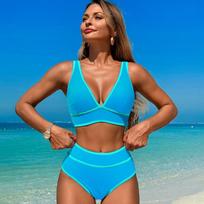 Women's Bikini Sets Swimsuits V Neck High Waisted 2 Piece Bathing Suits Solid/Flower Printed Swimwear Bikinis S mėlyna