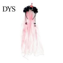 Halloween Ghost Bride Costume Gothic Flower Headband with Veil, Spooky Black Rose Dead Branch Skull Headpiece, Witch Hair Band Day of The Bridal Veil B