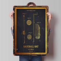 Baseball Bat Patent Gold 1921 Printed Posters Customizable Wall Art Retro Vintage Metal Tin Signs for Home Room Bar Accessories 20X30CM