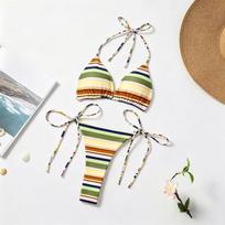 Women's Sexy Retro Striped Triangle Bikini Set 2026 New Tie Side Halter Neck Swimsuit Beach Vacation Bathing Suit S