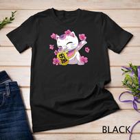 Dabbing Maneki Neko Japanese Lucky Cat and Sakura Flowers Unisex T-shirt 1 L