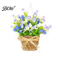Basket Wreath Spring Tulip Door Hanger for Front Artificial Hanging Floral Flowers with Woven And Bow Farmhouse Home Wall Porch Decor Pastoral Style 1pc