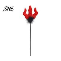 Three Pronged Cane Prop Halloween Red Devil Costume, Glitter Horn Headband And Trident Party Wear for Cosplay, Masquerade Performance Accessories One Size B