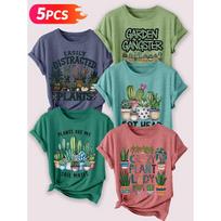 Lele Orientation Five-piece set for women T Shirt Succulent Cactus Green Plant Gardening Vintage Print Spring, Summer, Autumn Casual Elegant Women's S